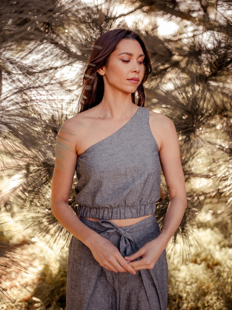 Tops Kara Asymmetrical One Shoulder Hemp Crop Top - Made in USA - VALANI sustainable, vegan, ethical women's clothing