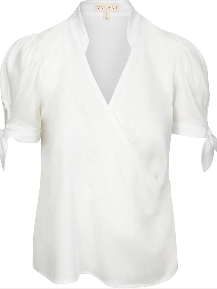 Tops Sitha Faux Wrap Tencel Top with Puff Sleeves - White - VALANI sustainable, vegan, ethical women's clothing