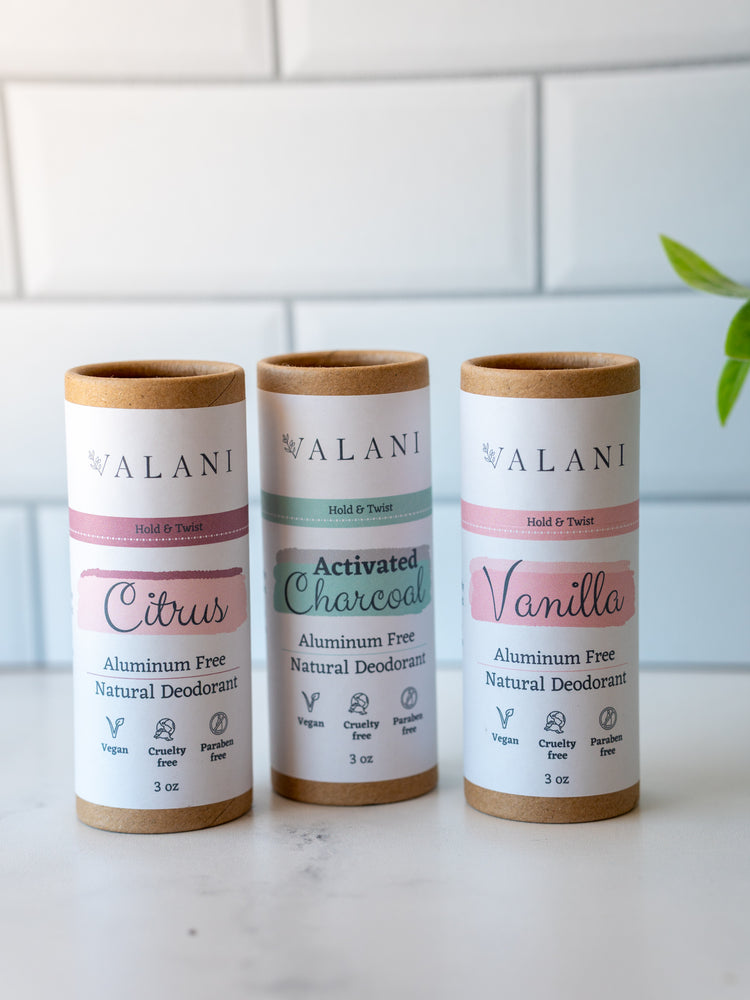 3 Skincare Zero Waste, Vegan Deodorant— Citrus, Charcoal, Vanilla - VALANI sustainable, vegan, ethical