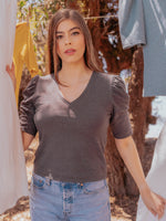 Tops Pauline Hemp Knit Puff Top with V-Neck - Charcoal - VALANI sustainable, vegan, ethical women's clothing