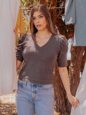 Tops Pauline Hemp Knit Puff Top with V-Neck - Charcoal - VALANI sustainable, vegan, ethical women's clothing