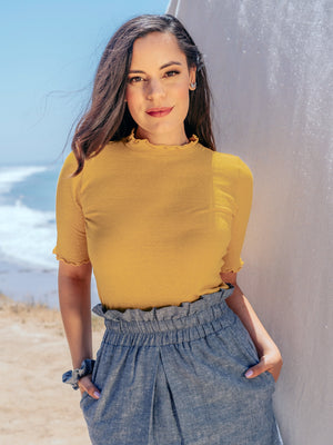 Tops Meera Hemp Knit Top with Lettuce Trim - Gold - VALANI sustainable, vegan, ethical women's clothing