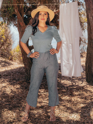 Tops Pauline Hemp Knit Puff Top with V-neck - Mineral Blue - VALANI sustainable, vegan, ethical women's clothing