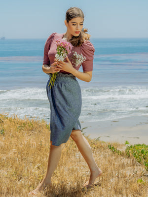 Tops Pauline Hemp Knit Puff Top with V-Neck - Rose Brown - VALANI sustainable, vegan, ethical women's clothing