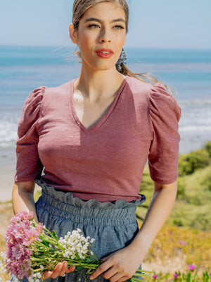 Tops Pauline Hemp Knit Puff Top with V-Neck - Rose Brown - VALANI sustainable, vegan, ethical women's clothing
