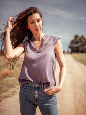 Tops Thavy Tencel Top with Scalloped Cap Sleeves - Purple - VALANI sustainable, vegan, ethical women's clothing