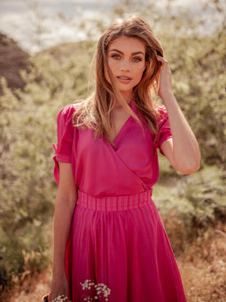 Sitha Faux Wrap Tencel Top with Puff Sleeves -Pink