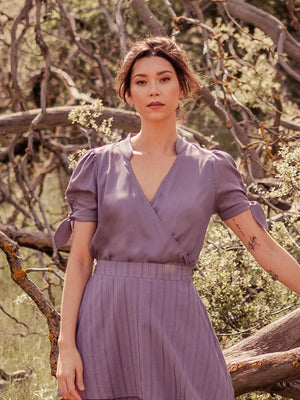 Tops Sitha Faux Wrap Tencel Top with Puff Sleeves - Purple - VALANI sustainable, vegan, ethical women's clothing