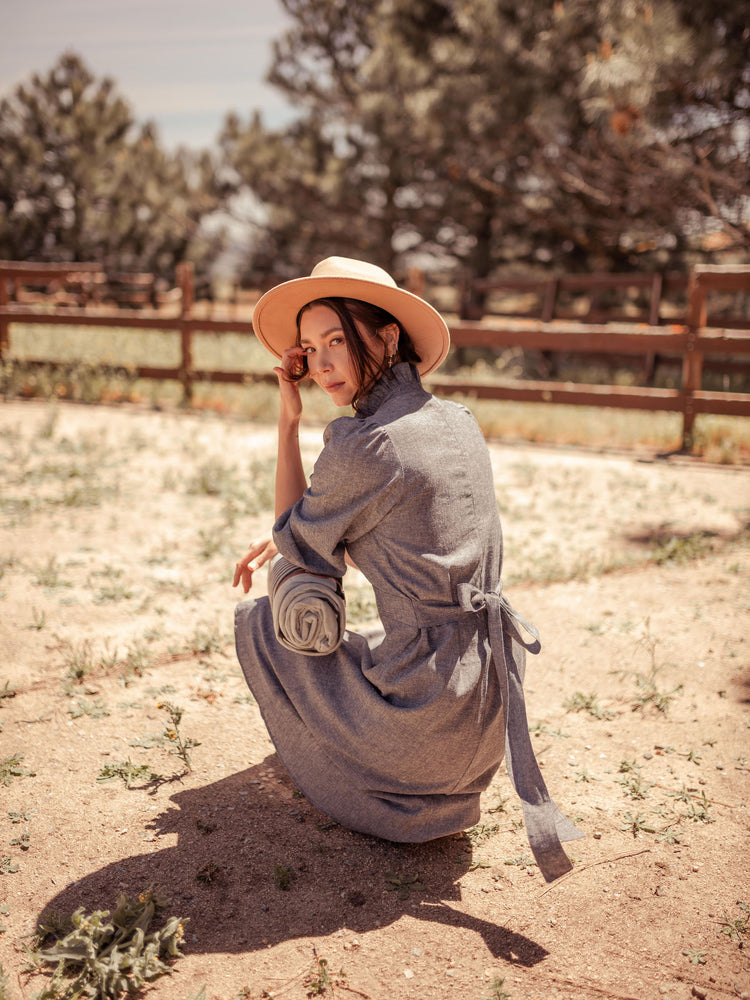 Dresses Sodalin Hemp Midi Dress with Puff Sleeves - Made in USA - VALANI sustainable, vegan, ethical women's clothing