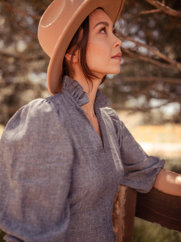 Dresses Sodalin Hemp Midi Dress with Puff Sleeves - Made in USA - VALANI sustainable, vegan, ethical women's clothing