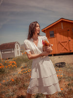 Tops Sitha Faux Wrap Tencel Top with Puff Sleeves - White - VALANI sustainable, vegan, ethical women's clothing