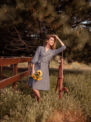 Dresses Sodalin Hemp Midi Dress with Puff Sleeves - Made in USA - VALANI sustainable, vegan, ethical women's clothing