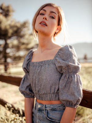 Tops Sineth Double Puff Sleeve Hemp Crop Top - Made in USA - VALANI sustainable, vegan, ethical women's clothing