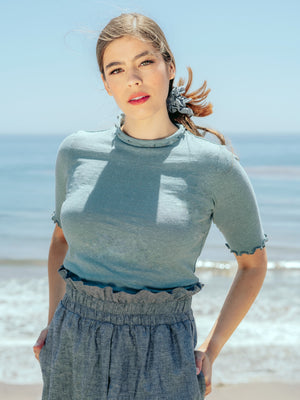 
            
                Load image into Gallery viewer, Tops Meera Hemp Knit Top with Lettuce Trim - Mineral Blue - VALANI sustainable, vegan, ethical women&amp;#39;s clothing
            
        