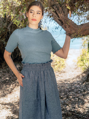 
            
                Load image into Gallery viewer, Tops Meera Hemp Knit Top with Lettuce Trim - Mineral Blue - VALANI sustainable, vegan, ethical women&amp;#39;s clothing
            
        