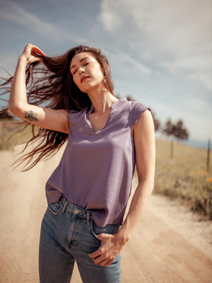 Tops Thavy Tencel Top with Scalloped Cap Sleeves - Purple - VALANI sustainable, vegan, ethical women's clothing