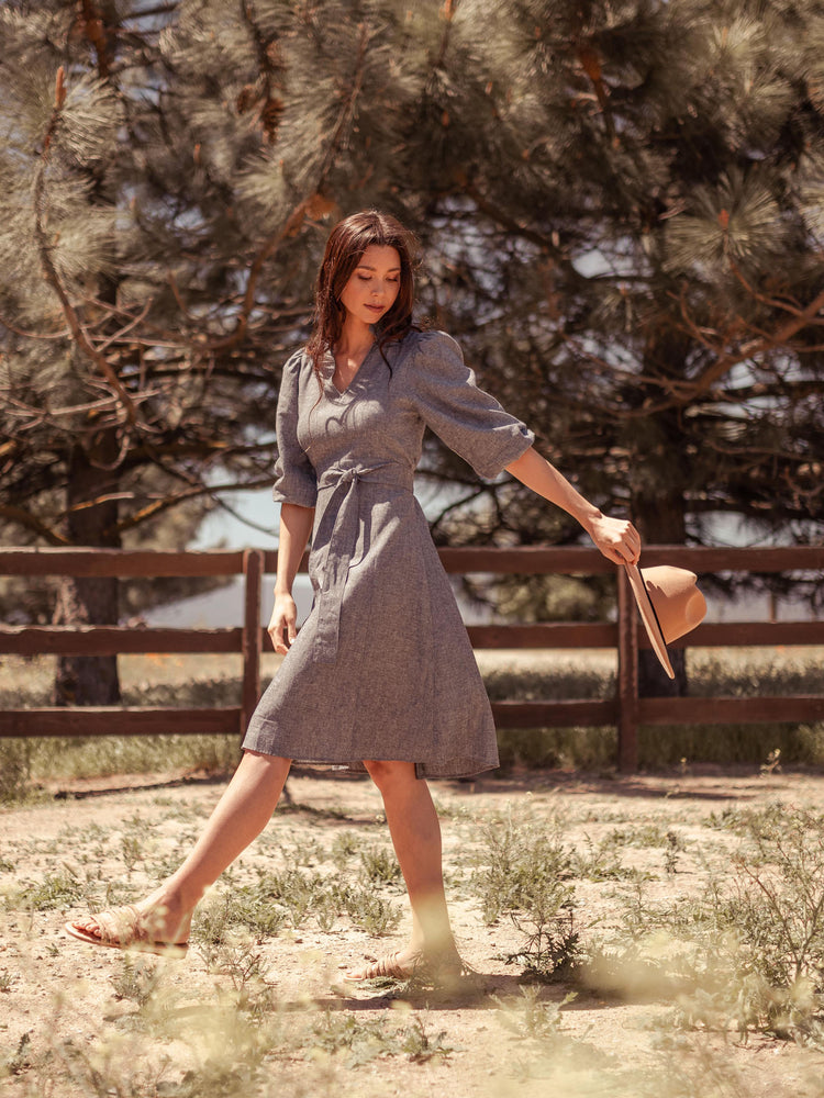 Dresses Sodalin Hemp Midi Dress with Puff Sleeves - Made in USA - VALANI sustainable, vegan, ethical women's clothing
