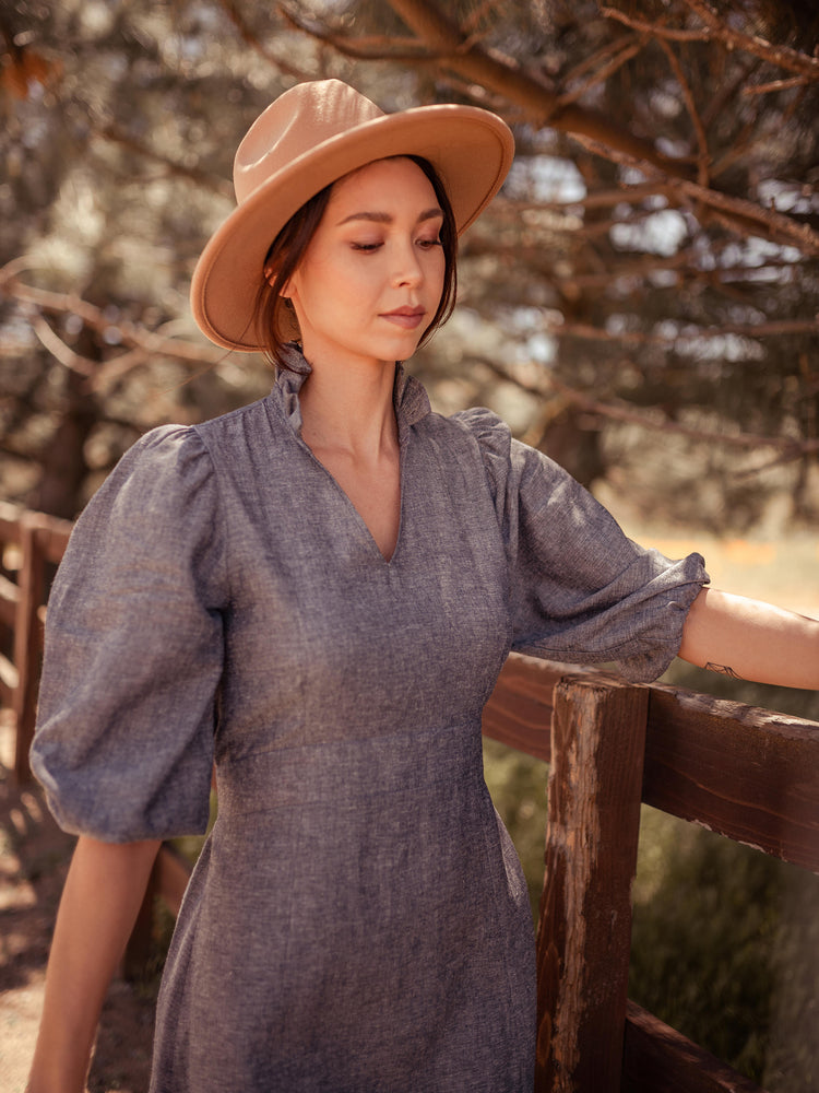 
            
                Load image into Gallery viewer, Dresses Sodalin Hemp Midi Dress with Puff Sleeves - Made in USA - VALANI sustainable, vegan, ethical women&amp;#39;s clothing
            
        