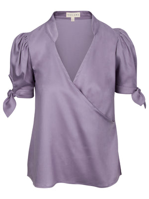 
            
                Load image into Gallery viewer, Tops Sitha Faux Wrap Tencel Top with Puff Sleeves - Purple - VALANI sustainable, vegan, ethical women&amp;#39;s clothing
            
        