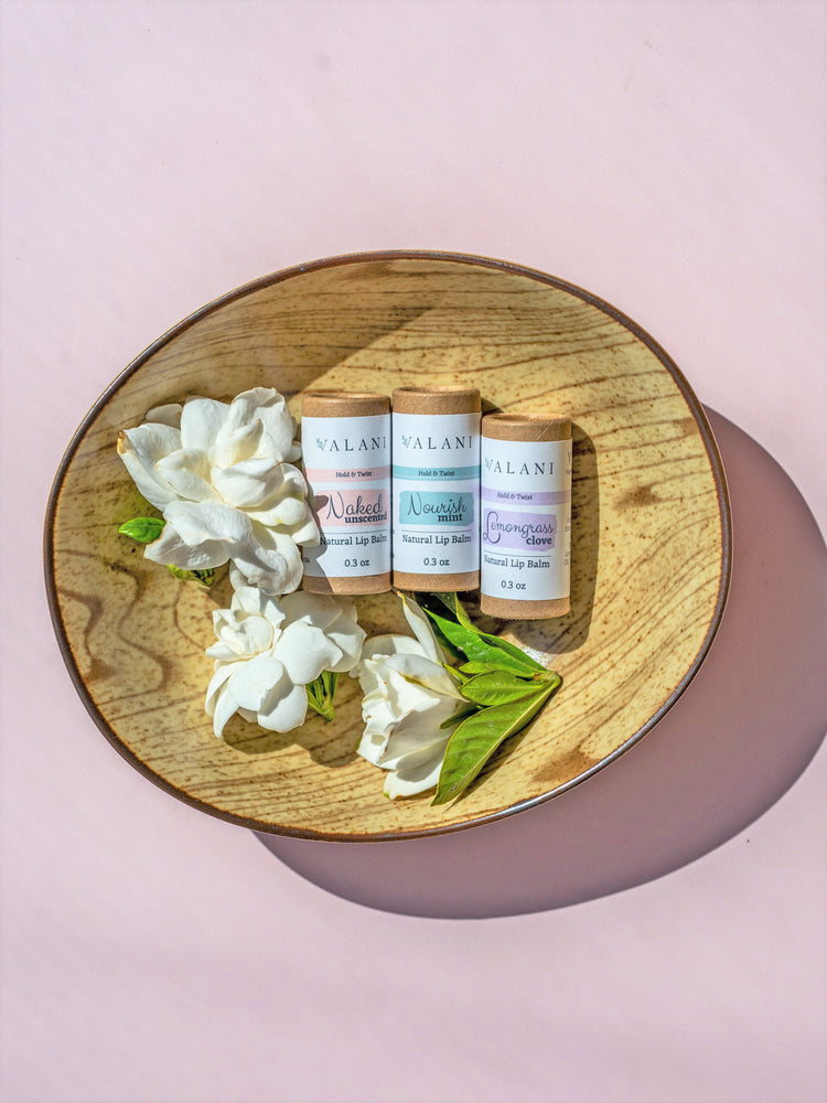 
            
                Load image into Gallery viewer, 3 Skin Care Zero Waste Vegan Lip Balms — Naked Unscented,  Nourish Mint, and Lemongrass Clove - VALANI sustainable, vegan, ethical 
            
        