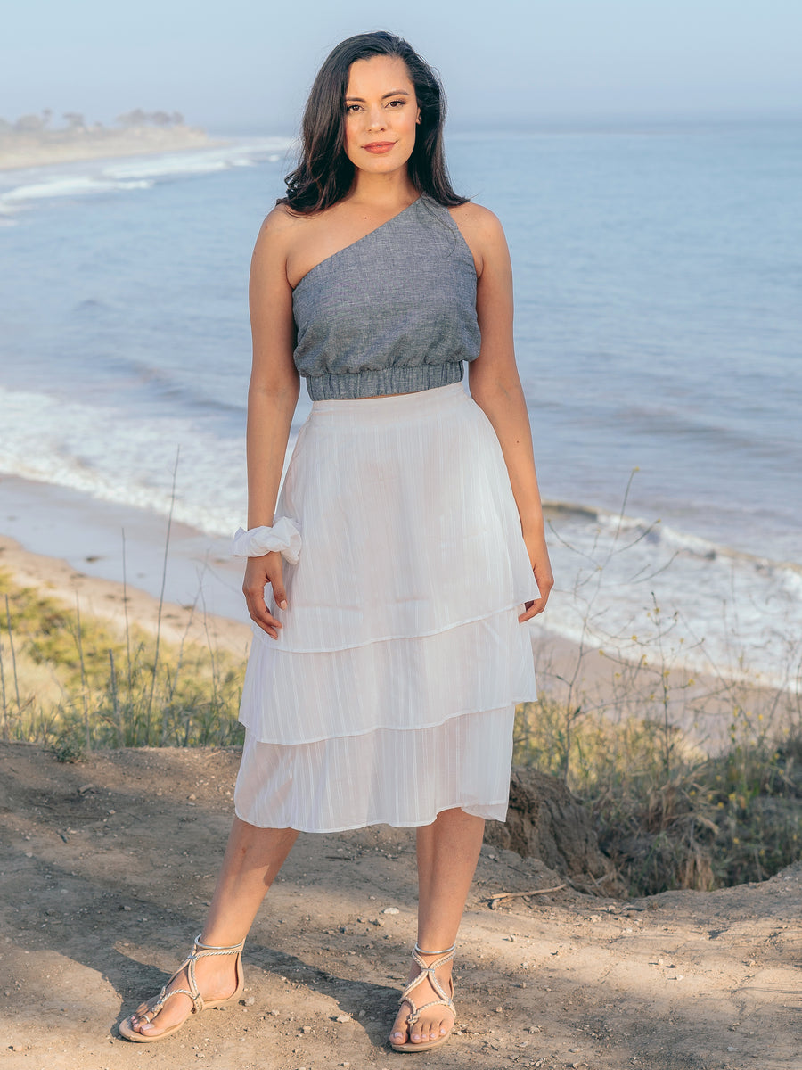 Bottoms Chanthu Banana 3 Tiered Midi Skirt White - VALANI sustainable, vegan, ethical women's clothing