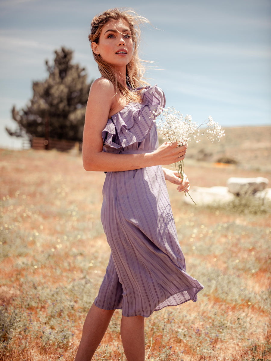 Dresses Sokha Banana Asymmetrical One Shoulder Midi Dress Purple - VALANI sustainable, vegan, ethical women's clothing