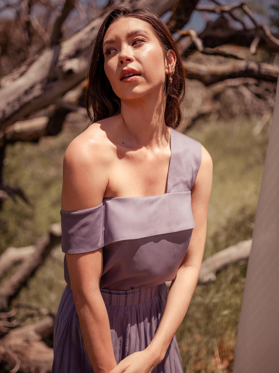 Tops Malina Asymmetrical Off Shoulder Tencel Top Purple - VALANI sustainable, vegan, ethical women's clothing