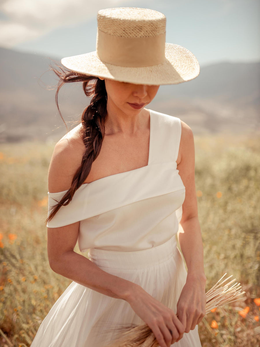 Tops Malina Asymmetrical Off Shoulder Tencel Top White - VALANI sustainable, vegan, ethical women's clothing