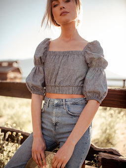 Sineth Double Puff Sleeve Hemp Crop Top  - Made in USA