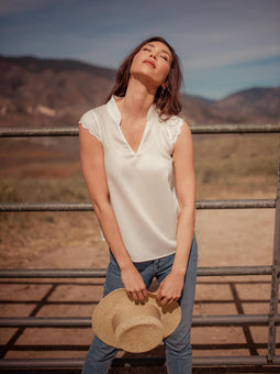 Thavy Tencel Top with Scalloped Cap Sleeves - White